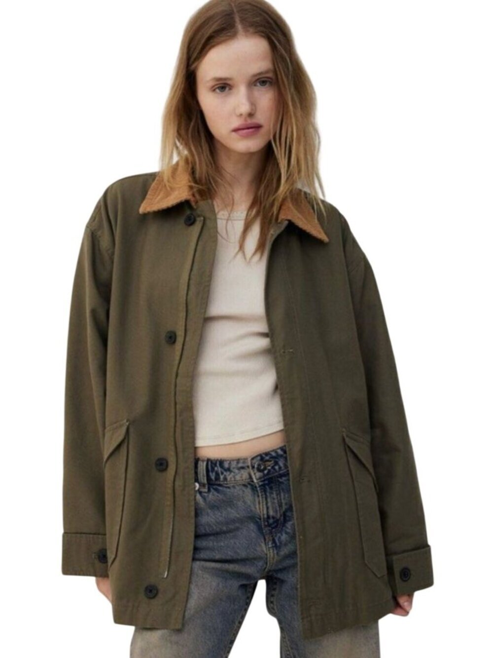 H&M Divided Oversized Canvas Jacket Barn Chore Coat Khaki Green Size L